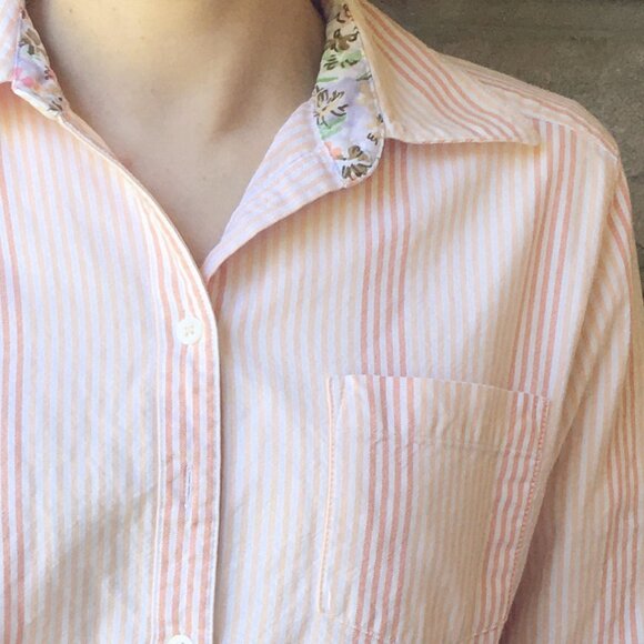 90s Peach Pinstripe Button Down - Elbow Length Sleeves - Picture 3 of 4